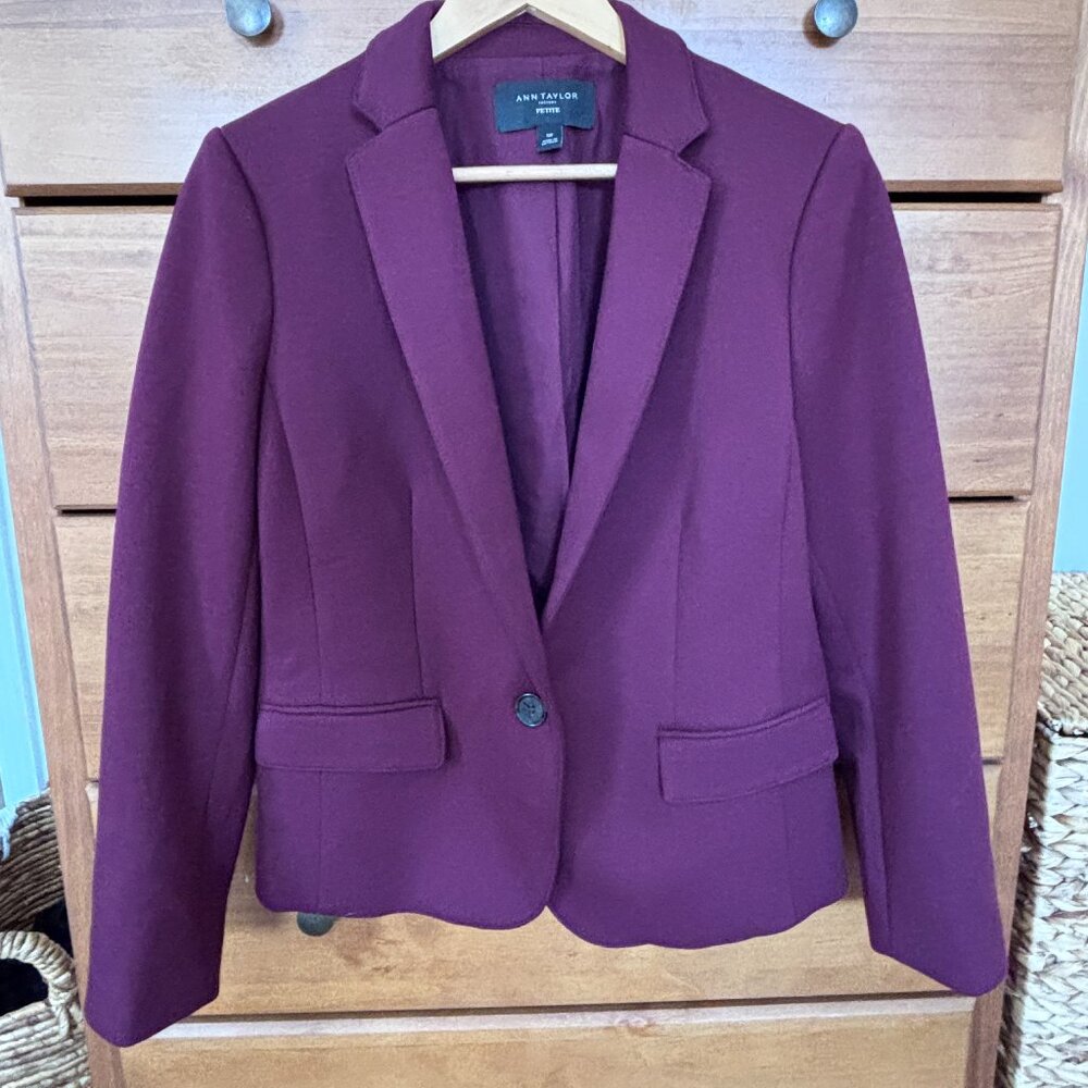 Ann Taylor Factory Ponte Stretch Single Button Blazer Burgundy 12P - Like New